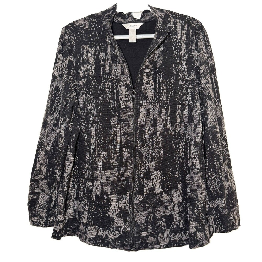 CJ Banks 1X Black Gray Abstract Cotton Zip Front Jacket Artsy Textured